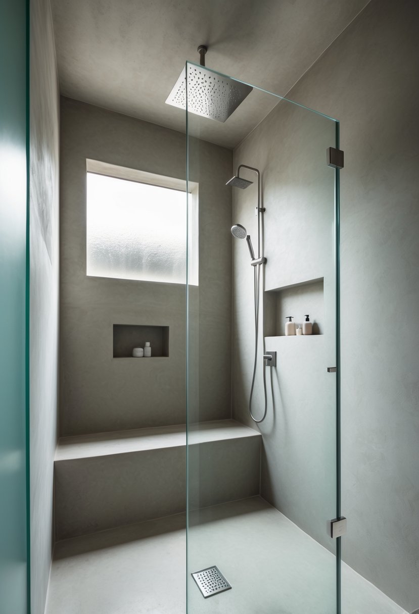 A small bathroom with a walk-in shower featuring smooth gray cement walls and floor, a glass partition, and a rain showerhead.