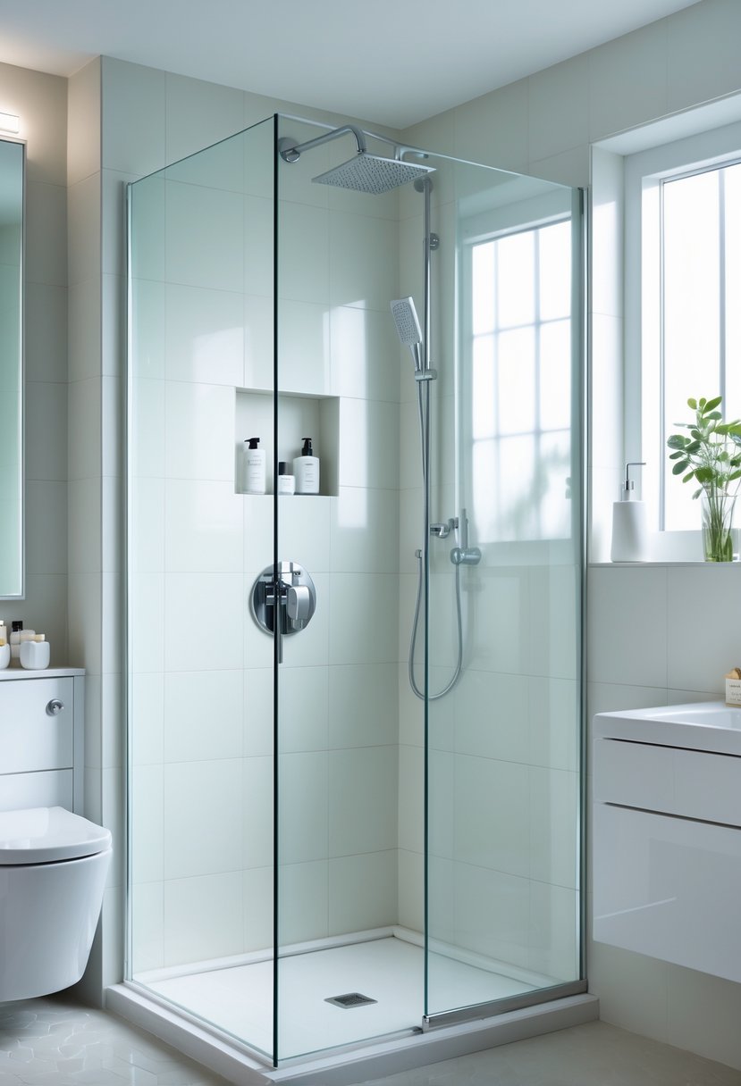 Small bathroom with a glass walk-in shower, white vanity, and light-colored tiles.