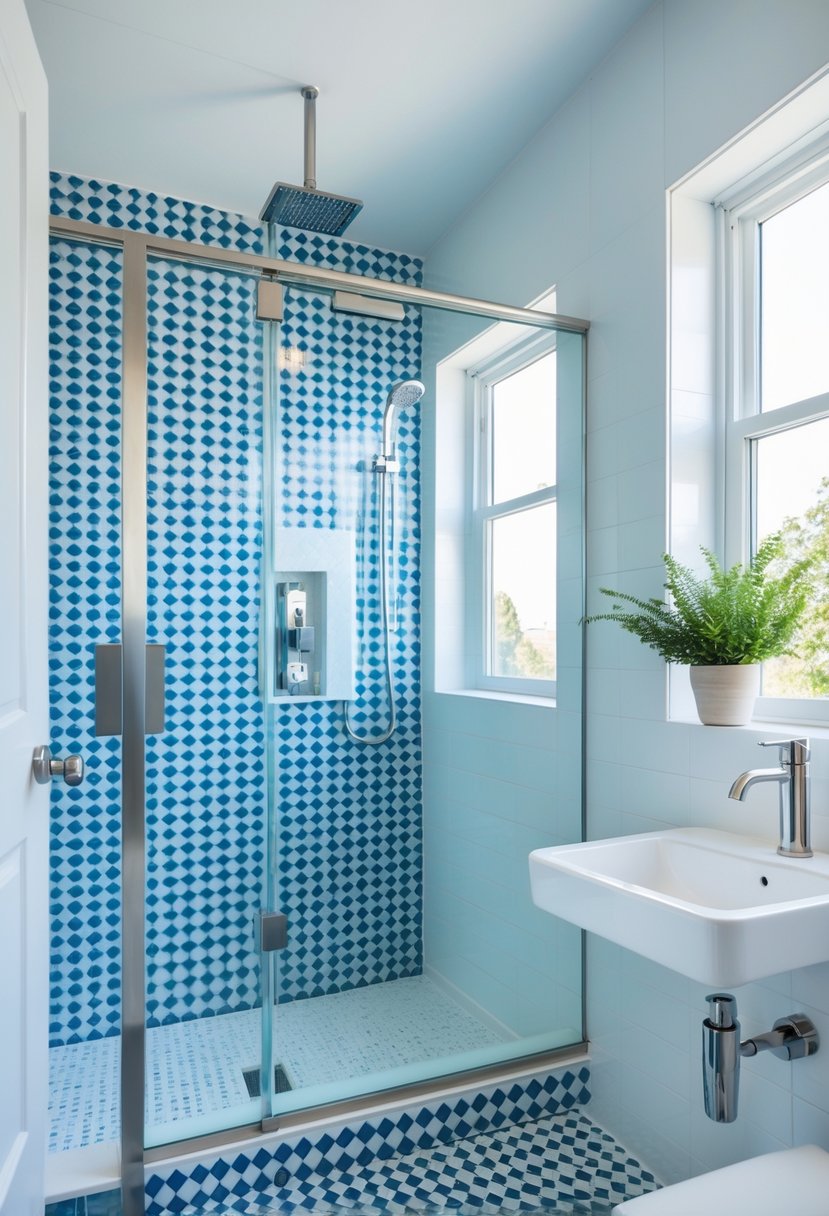 Small bathroom with a walk-in shower, blue and white tiled walls and floor, a white sink, and a glass shower enclosure.