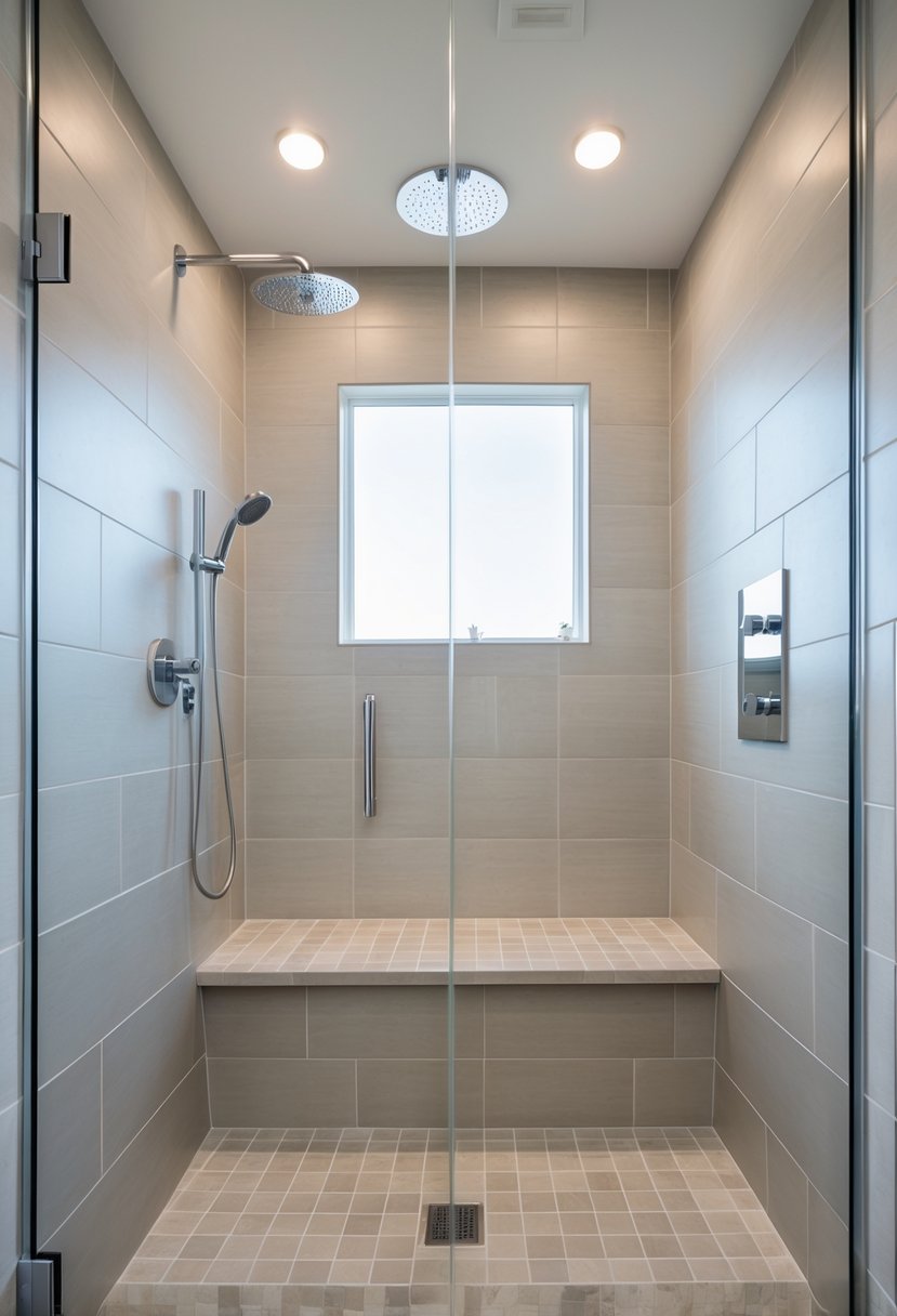 A walk-in shower with a built-in tile bench inside a small bathroom.
