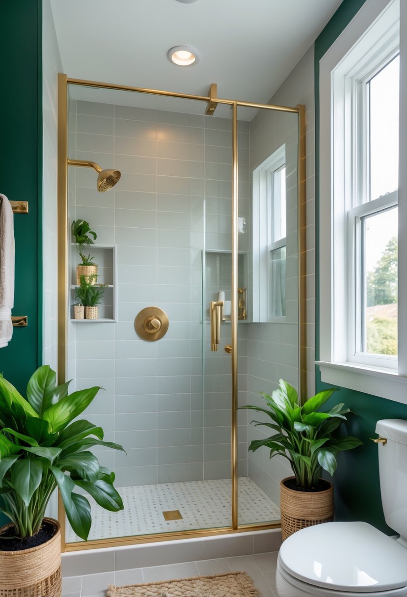 Small bathroom with a walk-in shower, green plants, and gold fixtures.