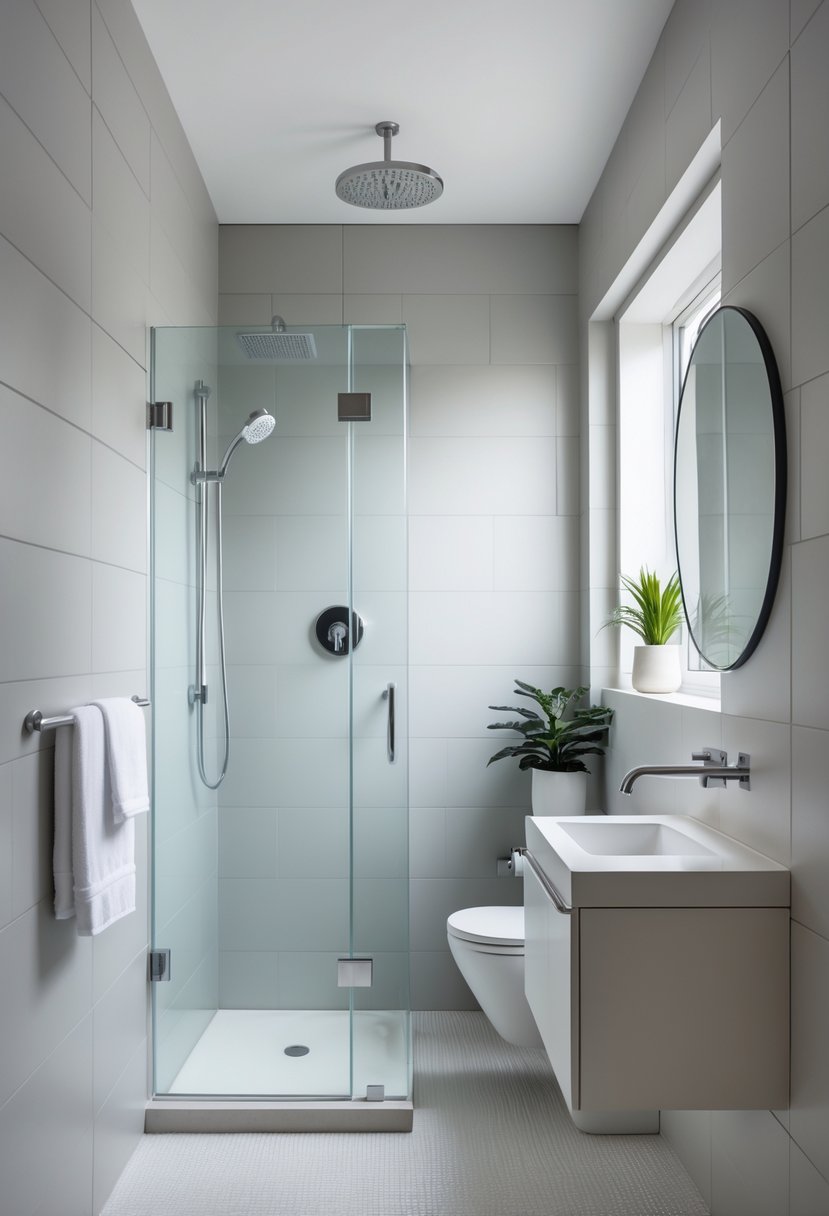 Small bathroom with a walk-in shower, floating vanity, and minimal accessories.