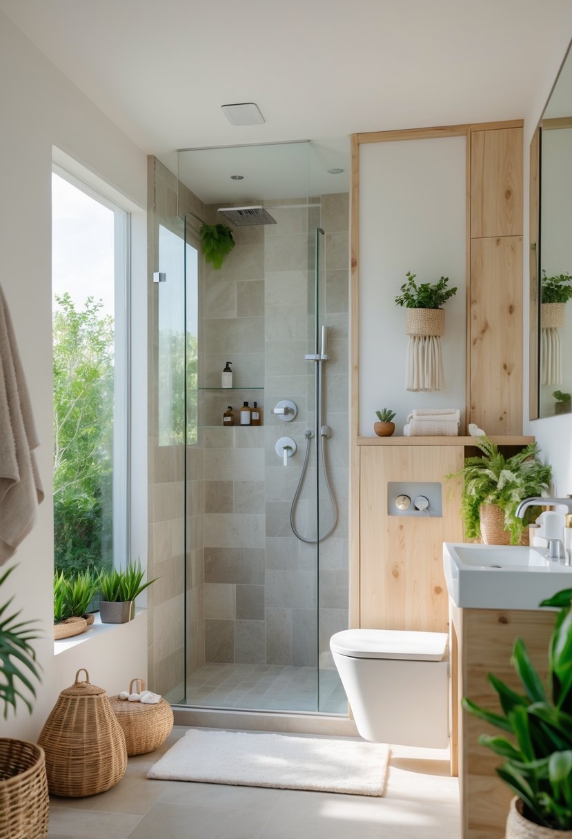 Small bathroom with a walk-in shower, natural materials, plants, and bright lighting.