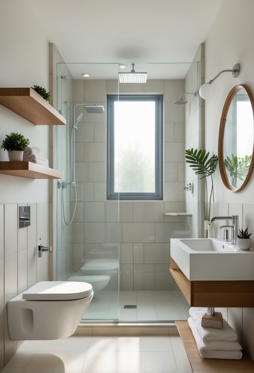 Small bathroom with a walk-in shower, clear glass panels, a sink with a round mirror, and natural light coming through a window.