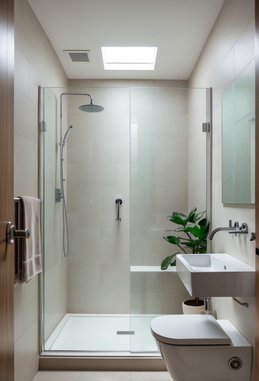 Small bathroom with a walk-in shower, clear glass panels, and a wall-mounted sink.