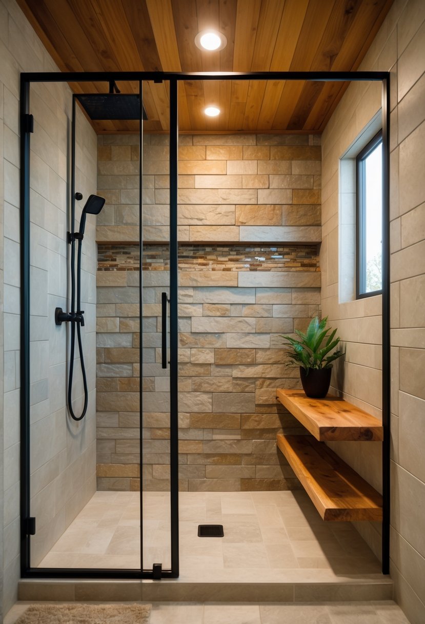 Small bathroom with a walk-in shower featuring stone walls, wooden accents, glass panels, and modern black fixtures.