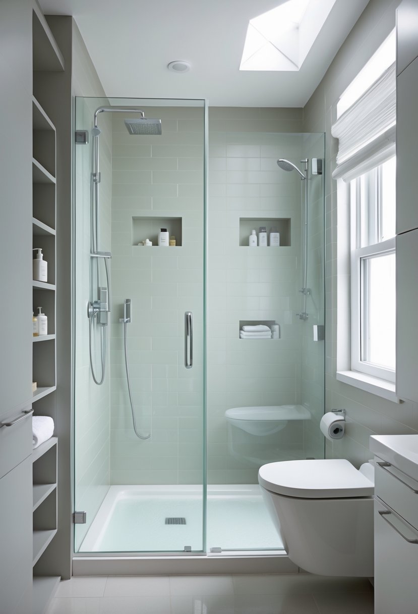 Small bathroom with a walk-in shower and smart storage solutions, including built-in niches and wall-mounted shelves.