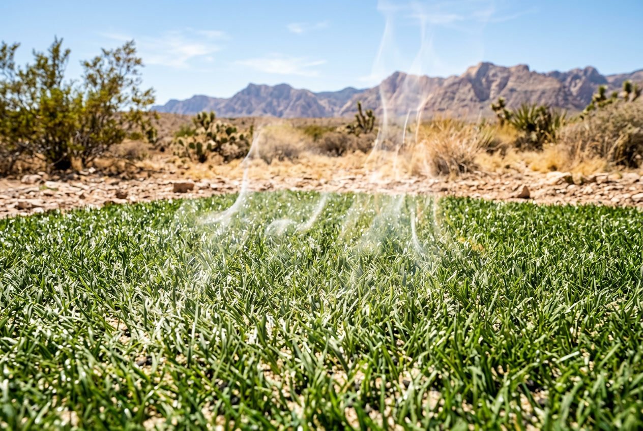 Close-up of artificial turf in a desert landscape with heat waves rising above the grass under a clear blue sky.