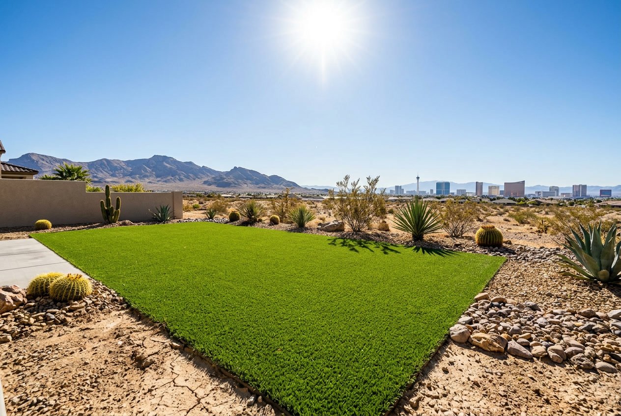 A green lawn surrounded by dry desert soil and sparse vegetation under a bright sun with clear blue skies and distant mountains.