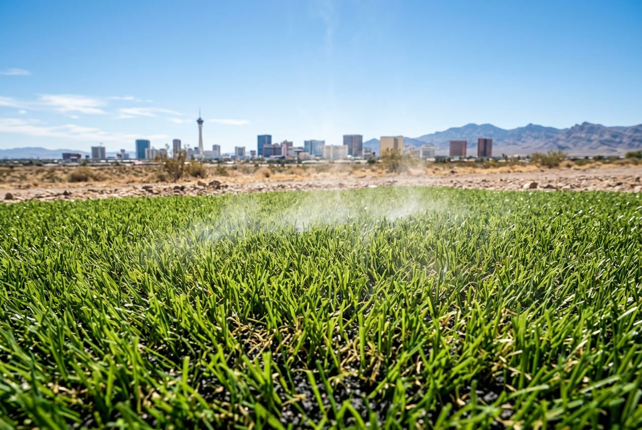 Close-up of artificial grass under bright sunlight with heat waves rising, set in a dry desert landscape with mountains in the background.