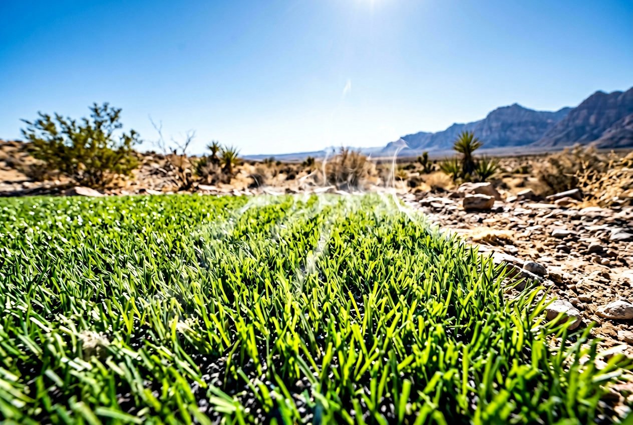 Close-up of artificial turf in a dry desert setting with heat waves visible above the grass under a bright sun.