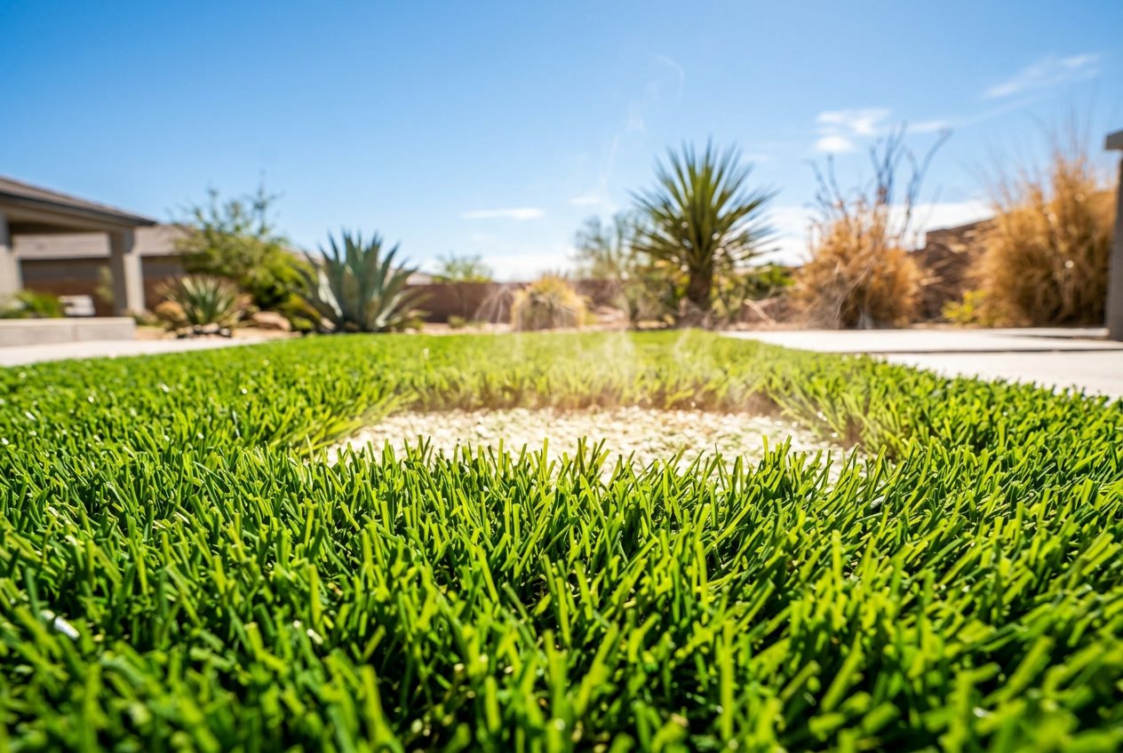 Close-up of synthetic green grass with heat waves rising above it under a clear blue sky and desert plants in the background.