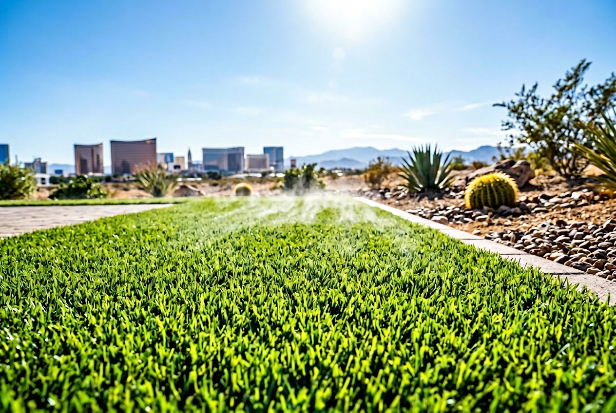 Close-up of artificial turf in bright sunlight with heat waves rising, set against a desert landscape with rocks and clear sky.