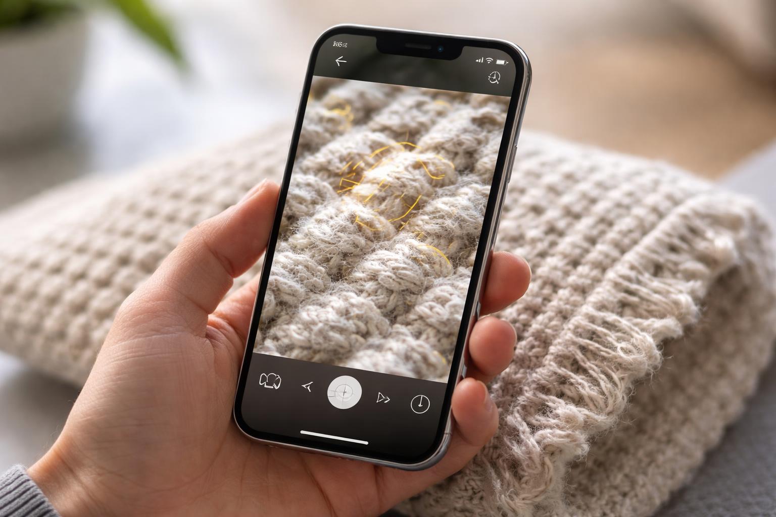 A person holding an iPhone close to a small object, using the phone's magnifier tool to examine details on the screen.