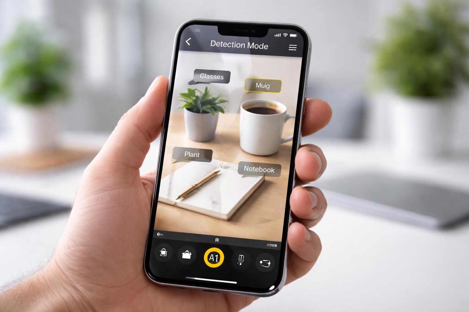 A person holding an iPhone showing the Magnifier app detecting objects through the camera.