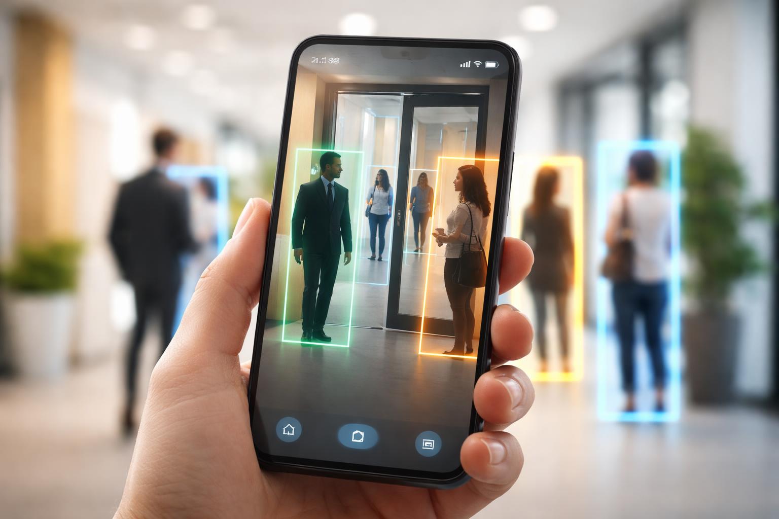 A hand holding a smartphone showing an AI detection interface highlighting people and a door in an indoor hallway.