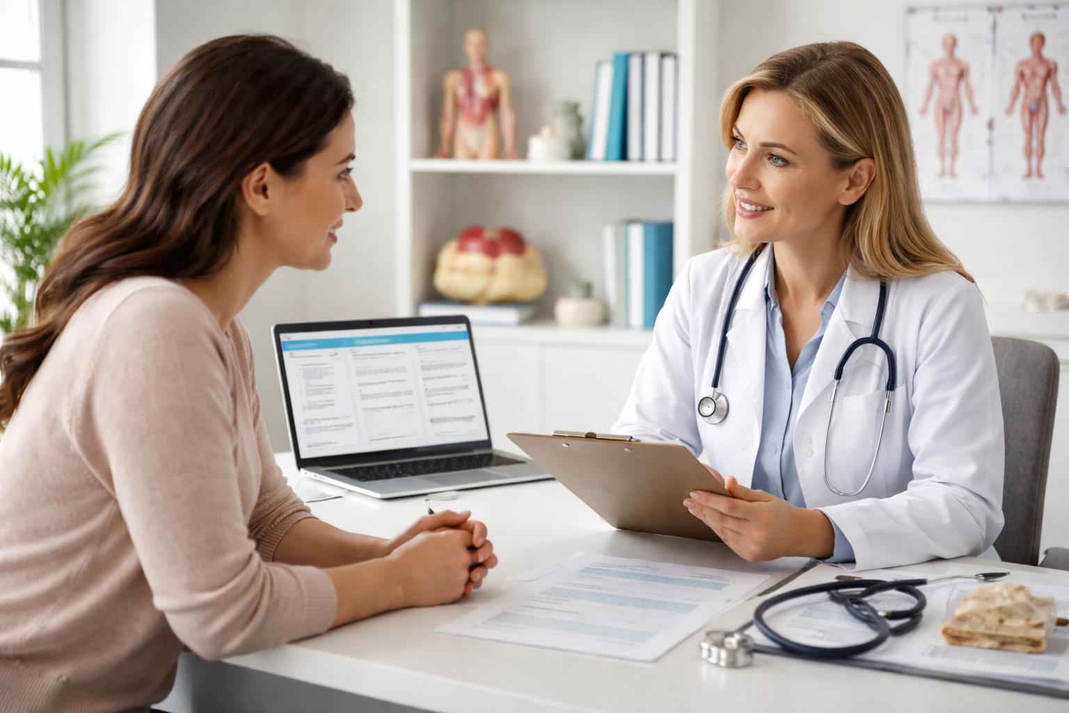 A doctor and patient having a medical consultation in a modern office, discussing health information with documents and a laptop on the desk.