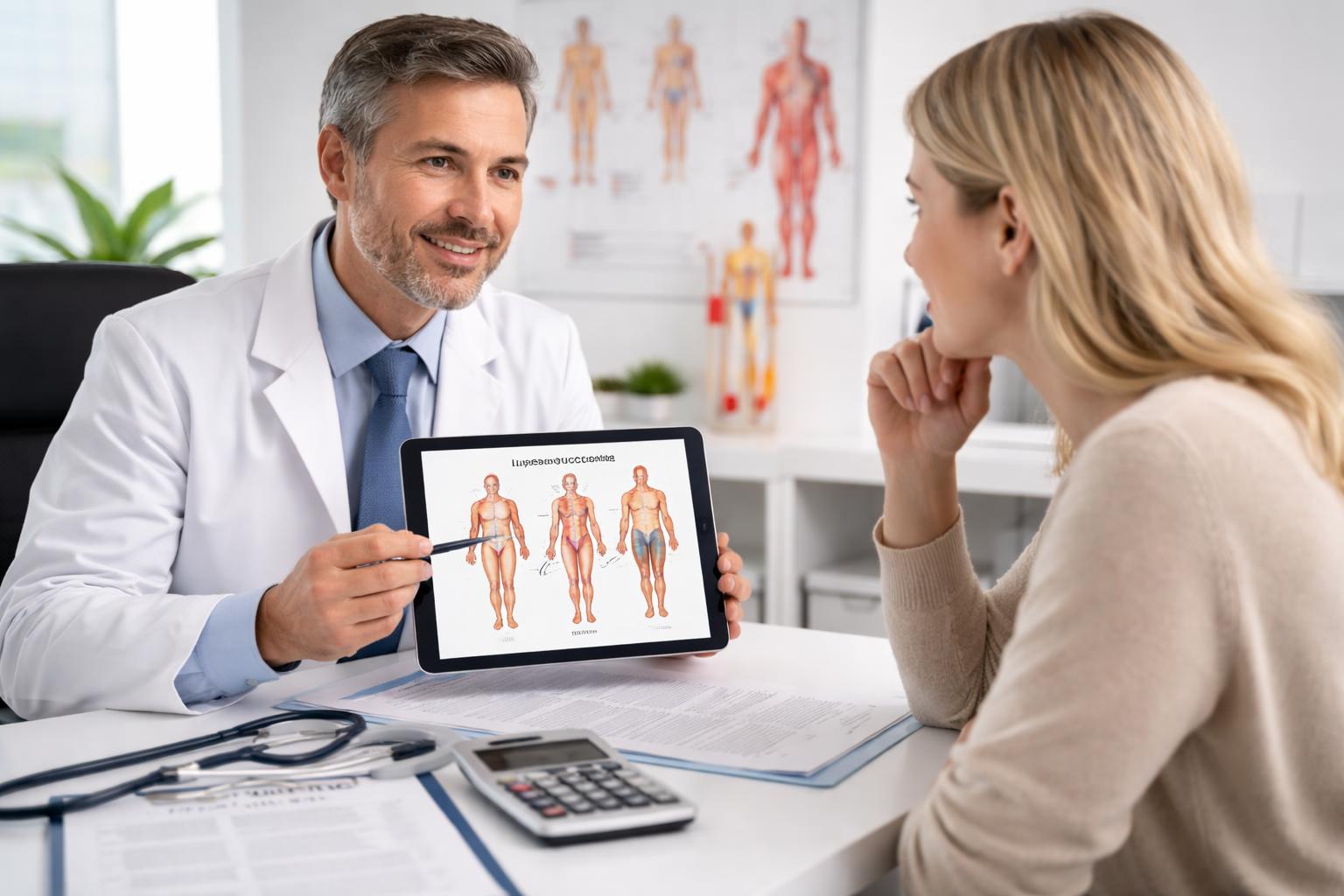 Doctor consulting with a patient in a medical office about liposuction risks and insurance.