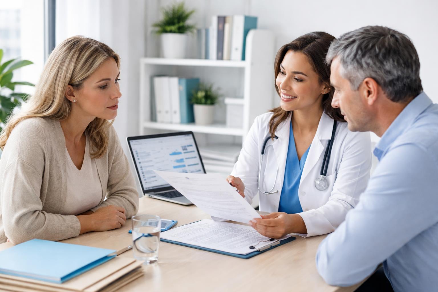 A healthcare professional discusses medical documents with two patients in a bright office setting.