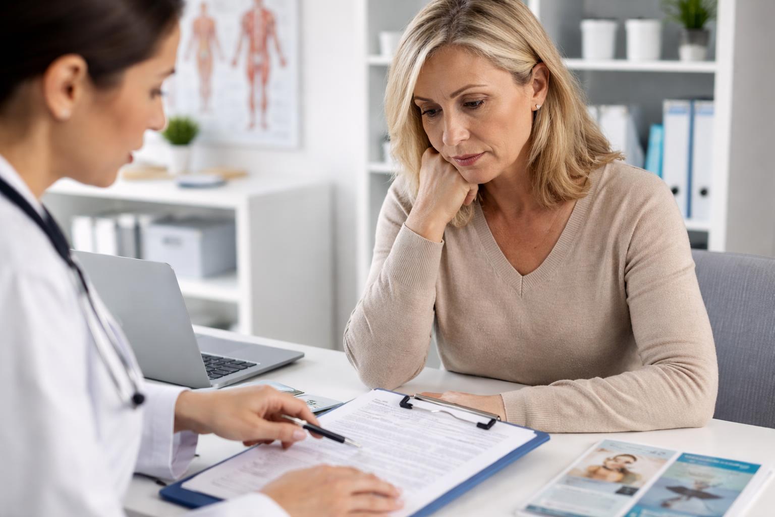 A woman and a healthcare professional review documents together in a medical office.
