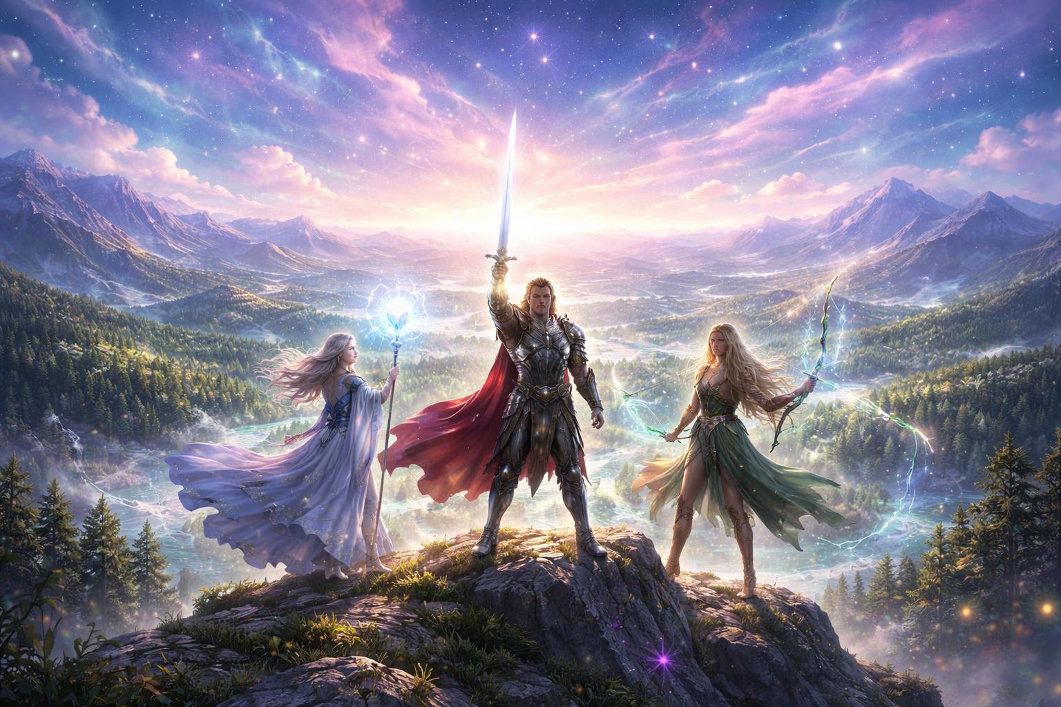 Des héros unis sur une falaise surplombant une vaste terre lumineuse avec des forêts, des rivières et des montagnes, prêts à libérer le monde.