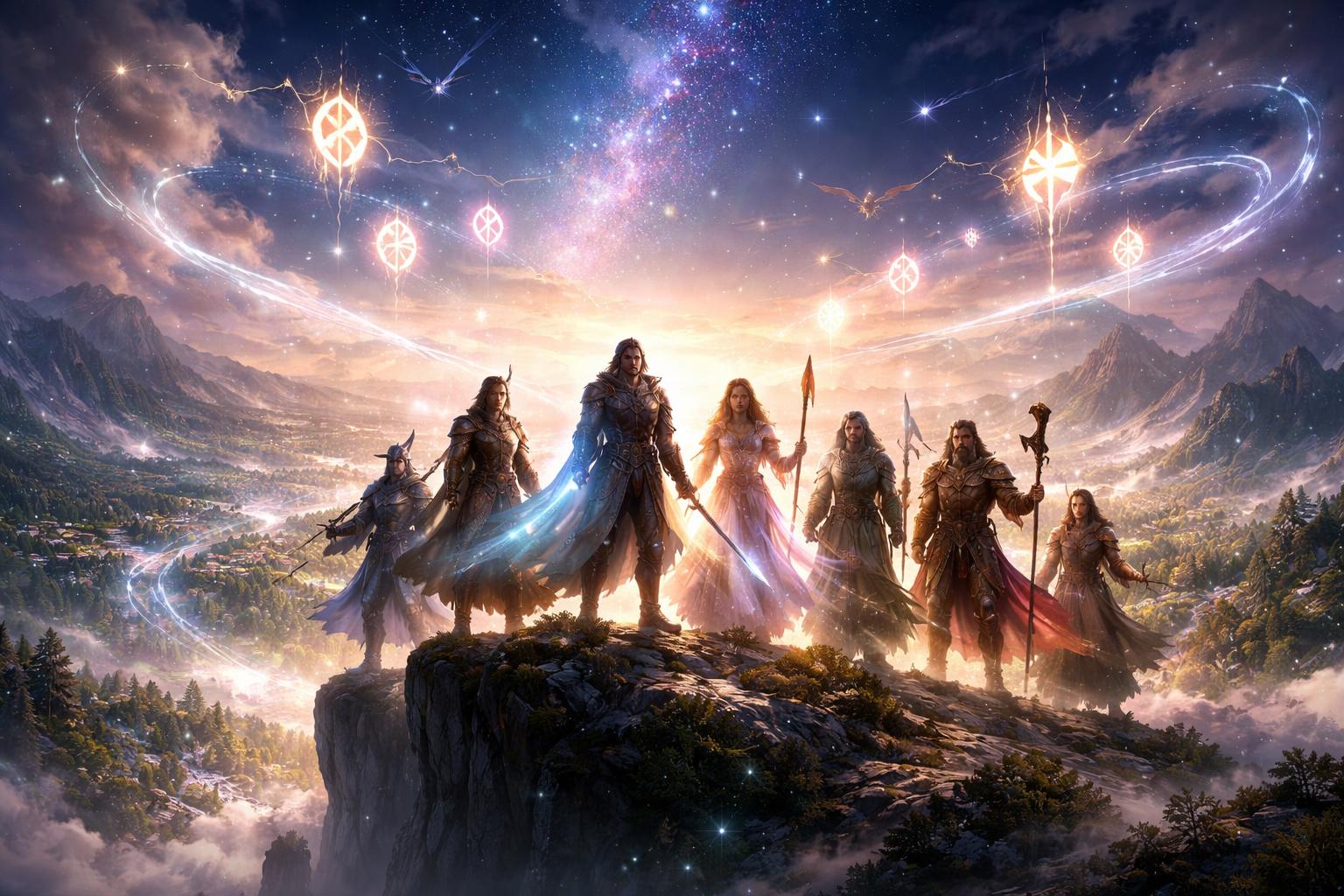 Un groupe de héros debout sur une falaise, regardant un monde vaste et magique avec des lumières brillantes et des symboles flottants autour d'eux.