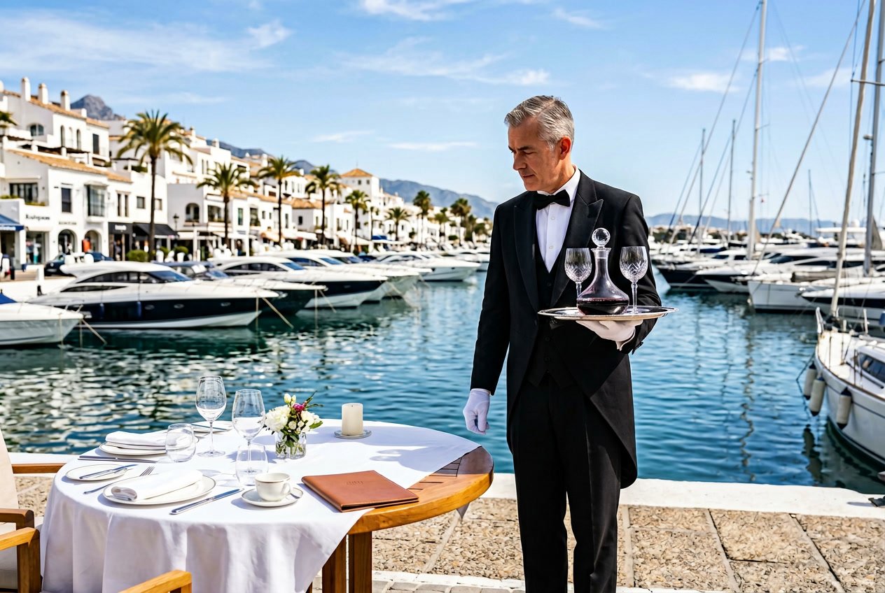 A butler in formal attire holding a tray with wine glasses near luxury yachts at a marina in Puerto Banus.