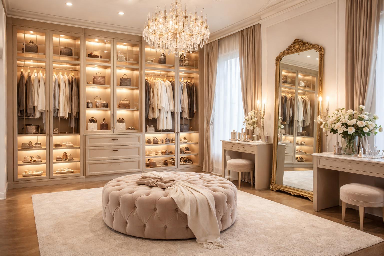 A spacious dressing room with designer clothes, a velvet ottoman, a large mirror, and elegant decor.