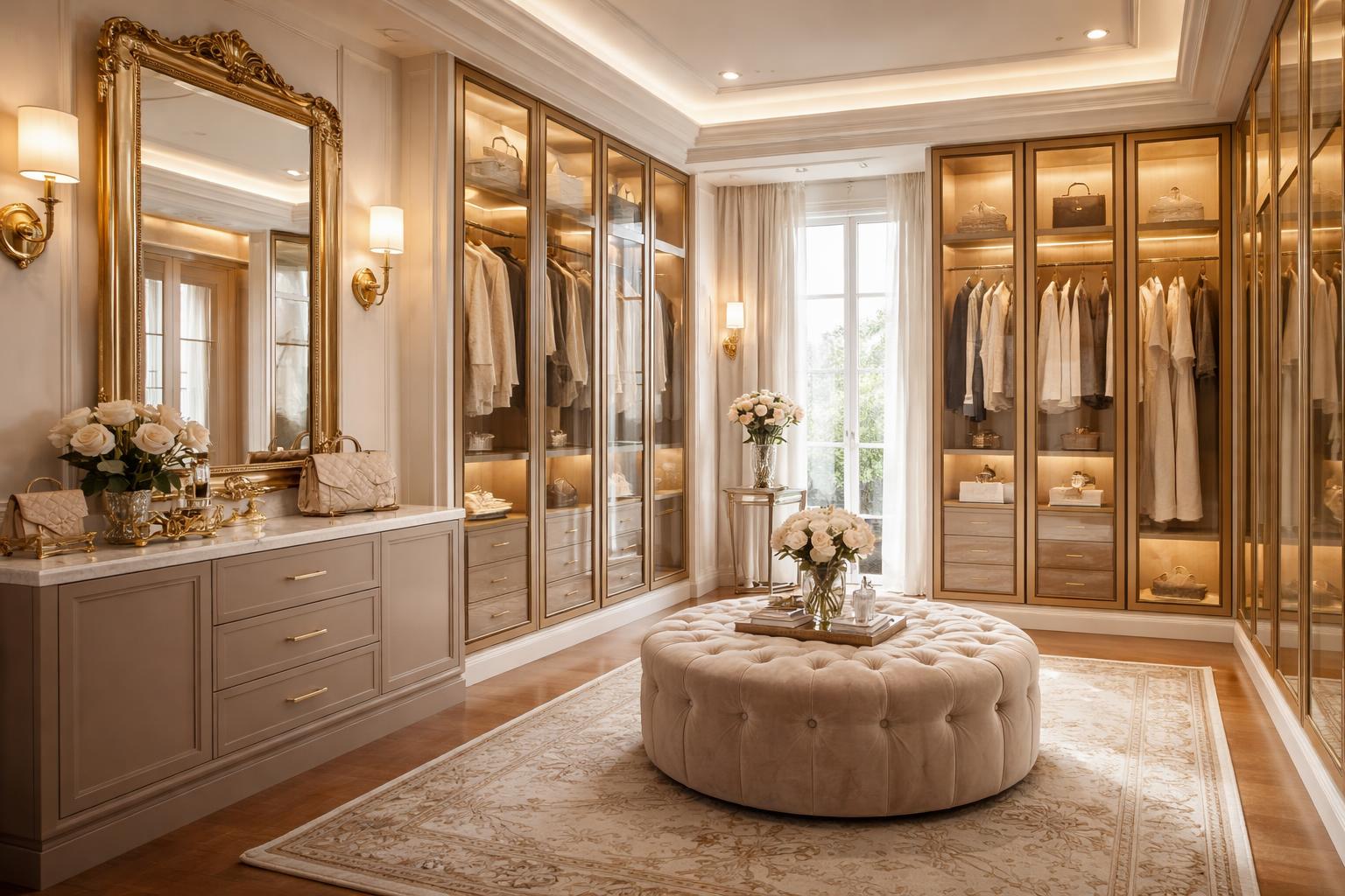 A spacious dressing room with built-in wardrobes, a large mirror, a velvet ottoman, and neatly arranged clothing and accessories.