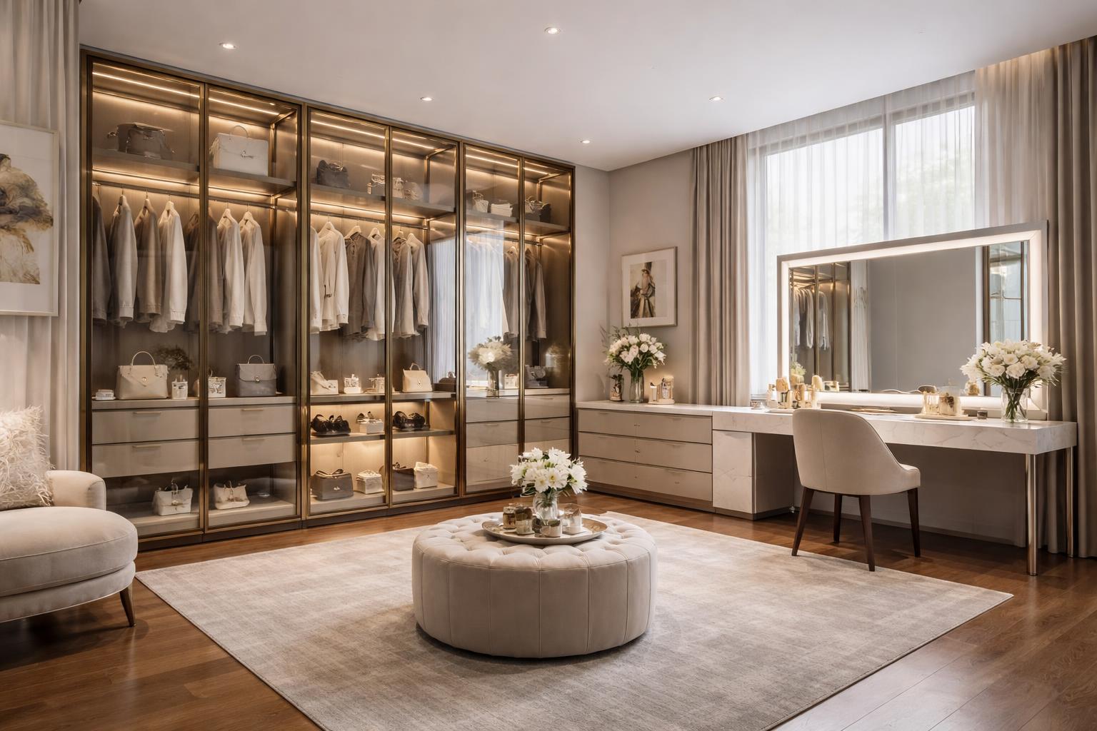 A spacious dressing room with glass wardrobes, a vanity with a mirror and seating, polished hardwood floors, and natural light from large windows.