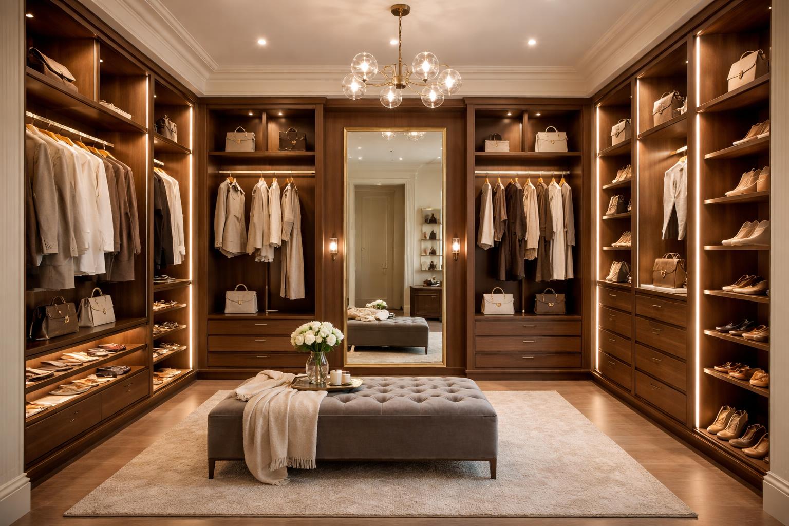 A spacious walk-in wardrobe with wooden shelves, hanging clothes, shoes, a full-length mirror, and a cushioned seat.