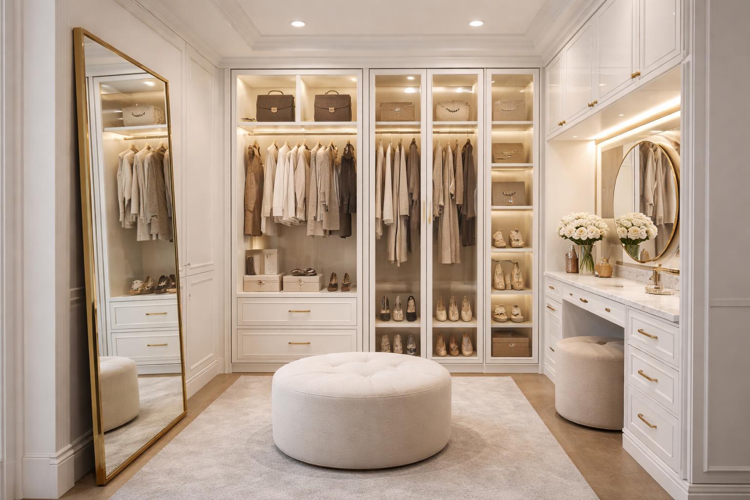 A small luxury dressing room with built-in cabinets, organized clothes and shoes, a plush ottoman, and a large mirror.