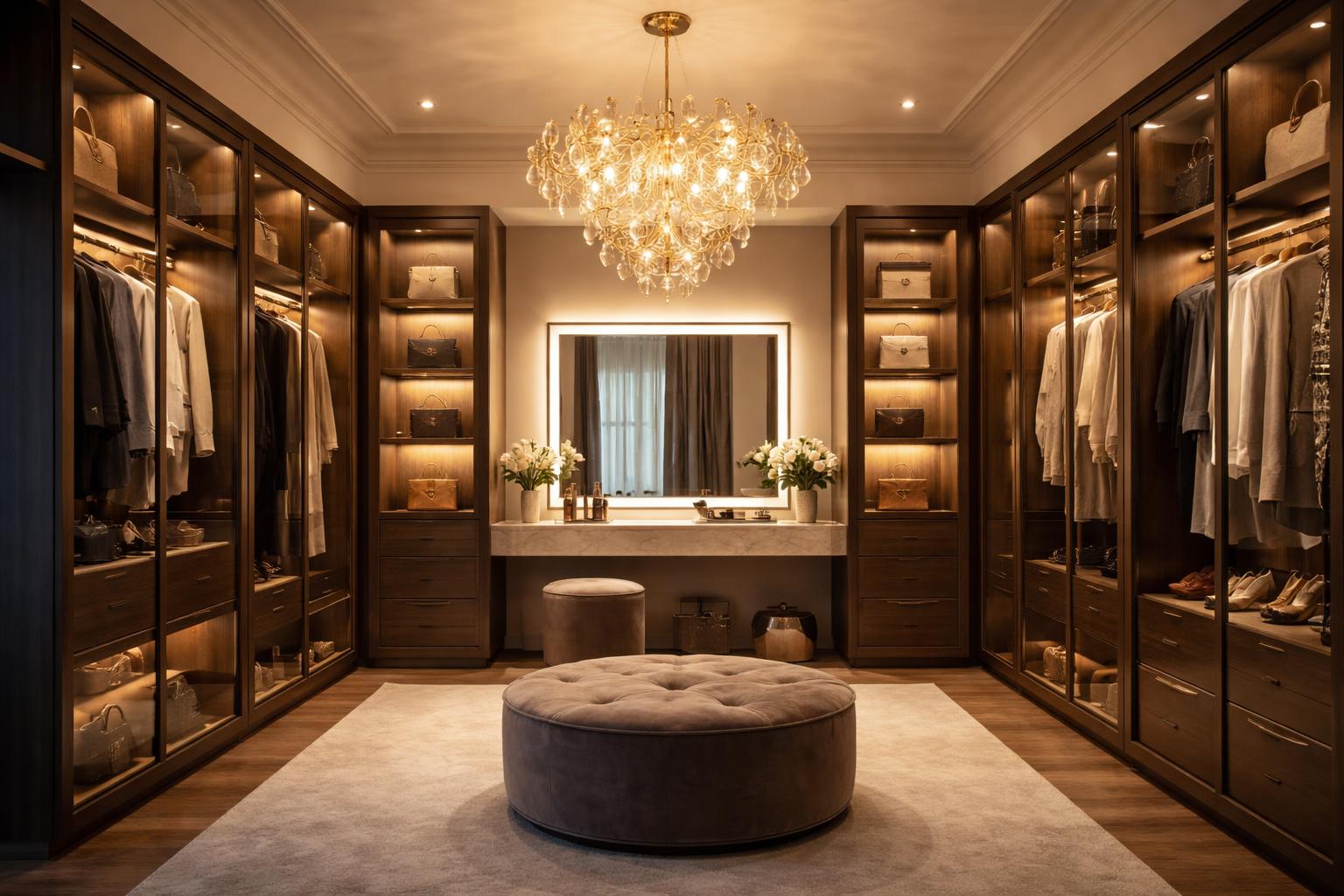 A spacious dressing room with dark wood cabinets, illuminated mirror, pendant lights, and neatly arranged clothing and accessories.