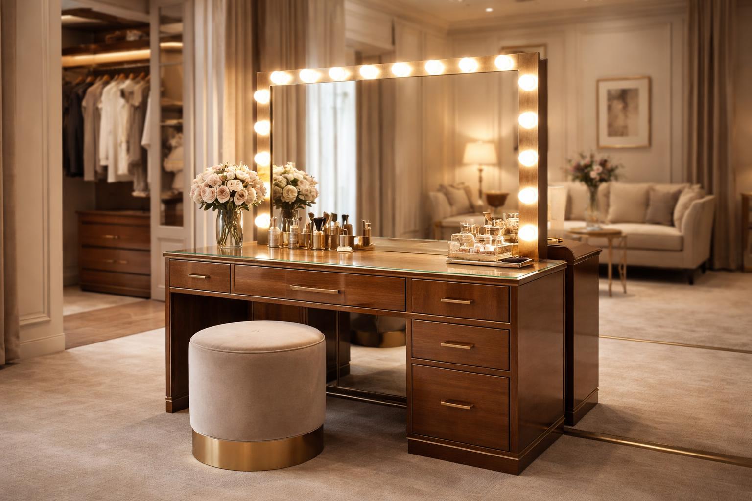 A dressing room with a vanity table, mirror, cushioned stool, and beauty products arranged neatly.