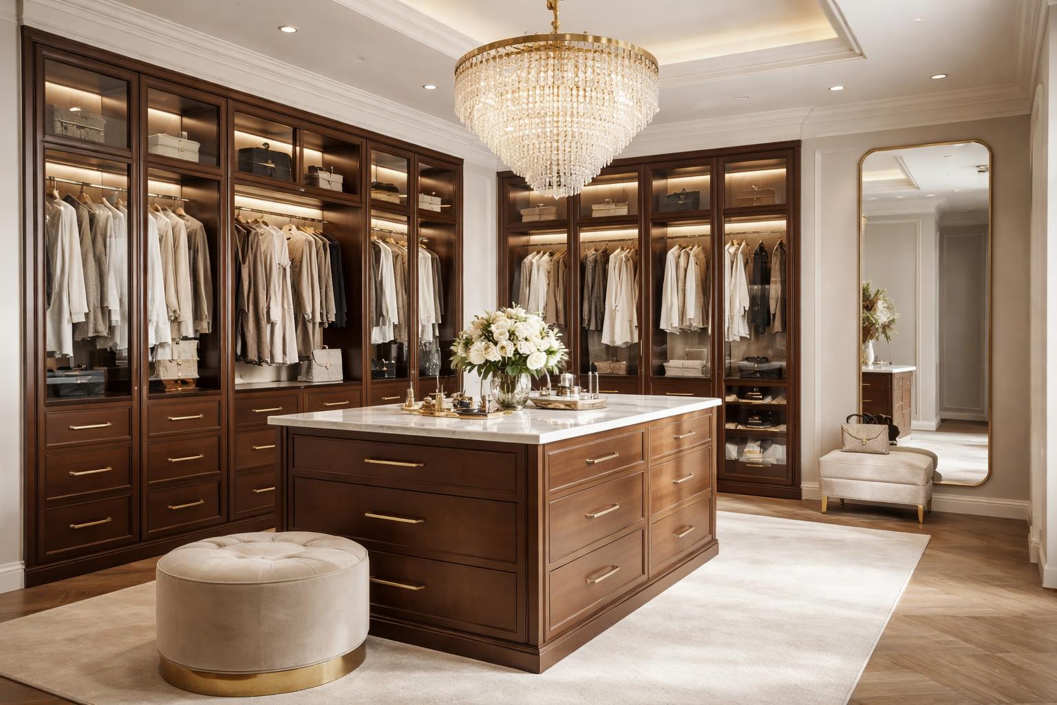 A spacious dressing room with a central closet island, surrounded by wardrobes filled with clothes and accessories, featuring a large mirror and comfortable seating.