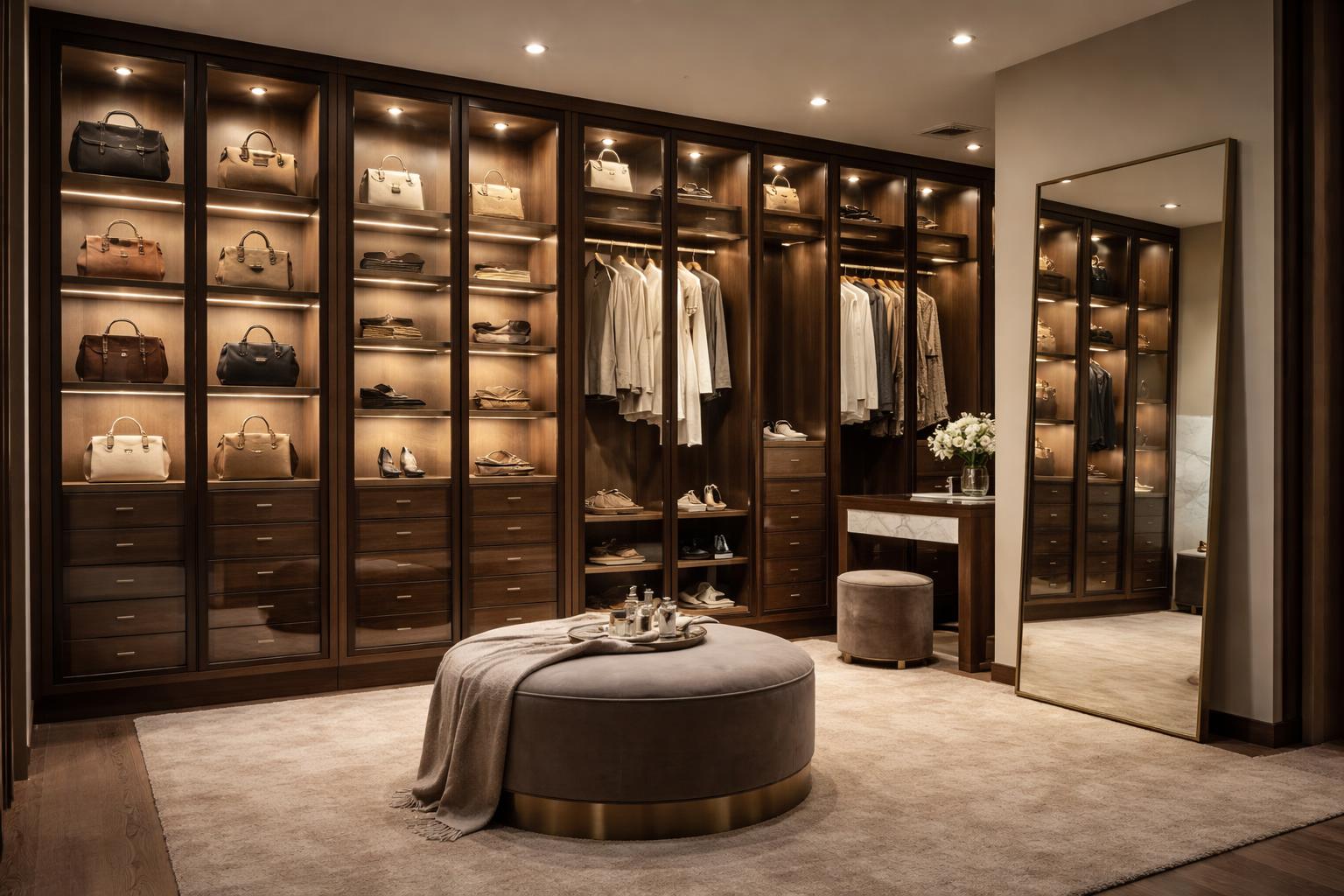 A luxury dressing room with custom wooden wardrobes, organized shelves of handbags and shoes, a full-length mirror, and a velvet ottoman.