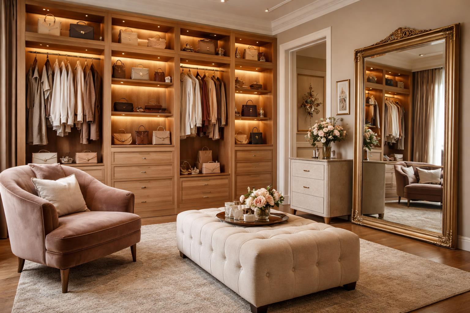 A spacious luxury dressing room with wooden shelves, plush seating, a large mirror, and neatly arranged clothing and accessories.