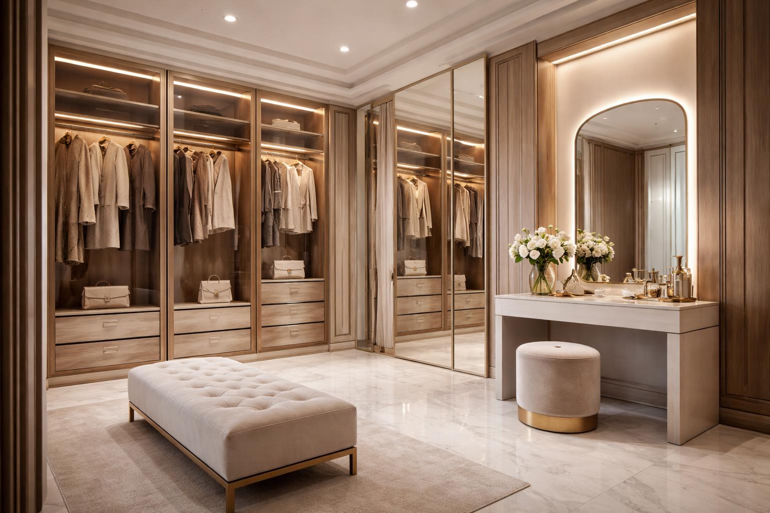 A spacious dressing room with built-in wardrobes, a full-length mirror, a vanity table, and a bench, all arranged neatly with clothing and accessories.