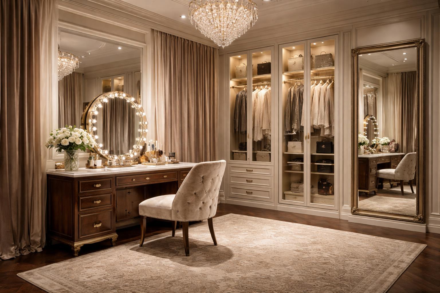 A spacious dressing room with a large vanity, plush chair, built-in wardrobes displaying clothes, and a full-length mirror.