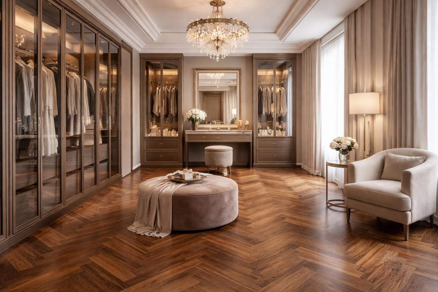 A spacious dressing room with polished hardwood floors, wardrobes, a large mirror, and plush seating.
