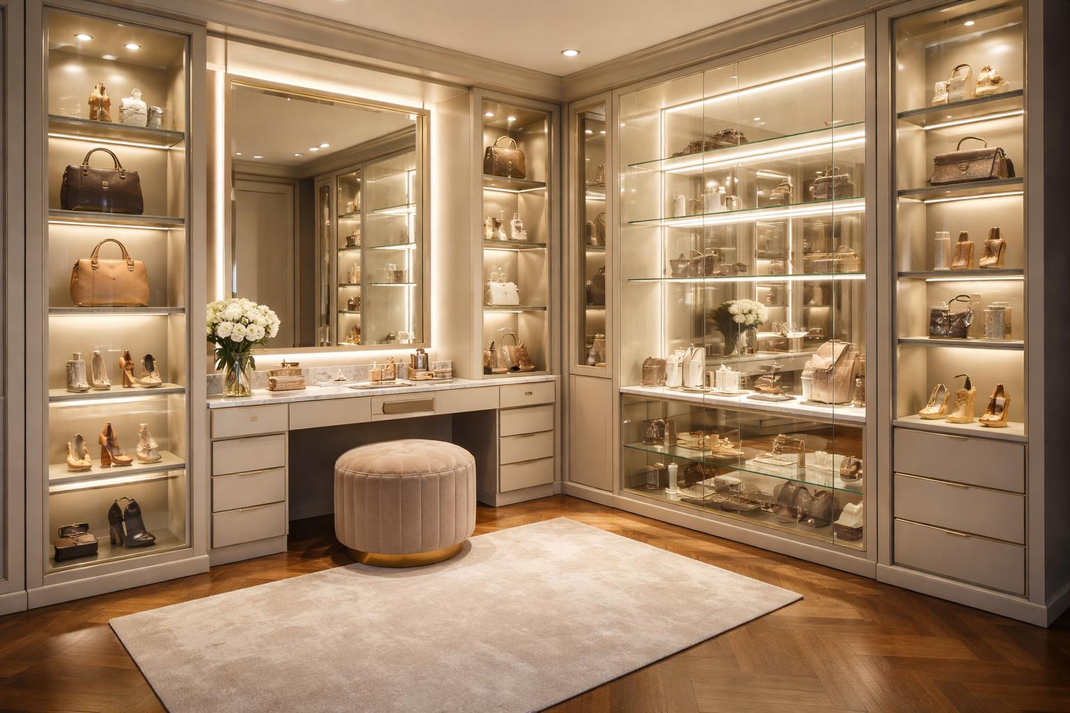 A luxury dressing room with glass shelves displaying handbags and shoes, a large mirror, and plush seating.