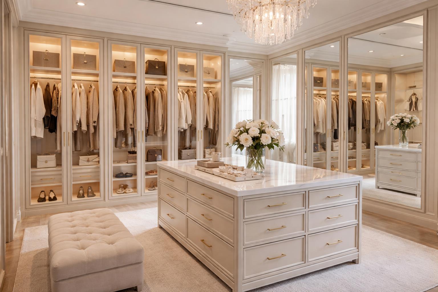 A spacious dressing room with organized clothing, a central island, seating, mirrors, and decorative elements.