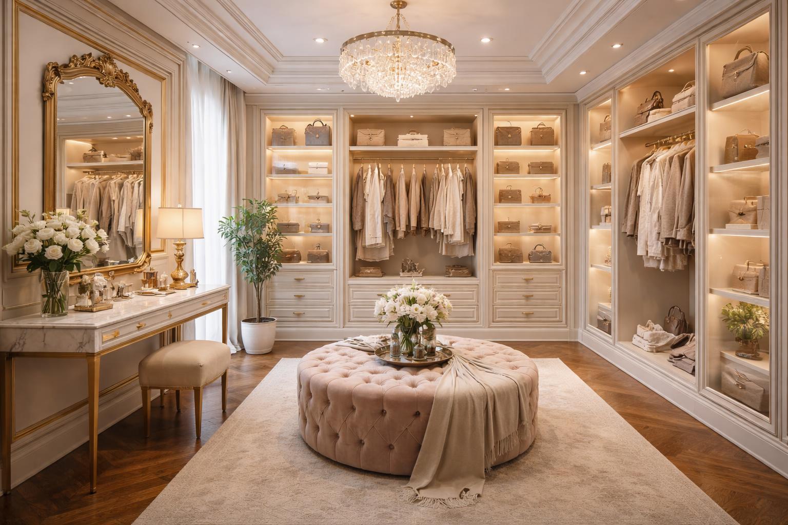 A spacious dressing room with wooden floors, a large mirror, plants, and neatly arranged clothing and accessories.