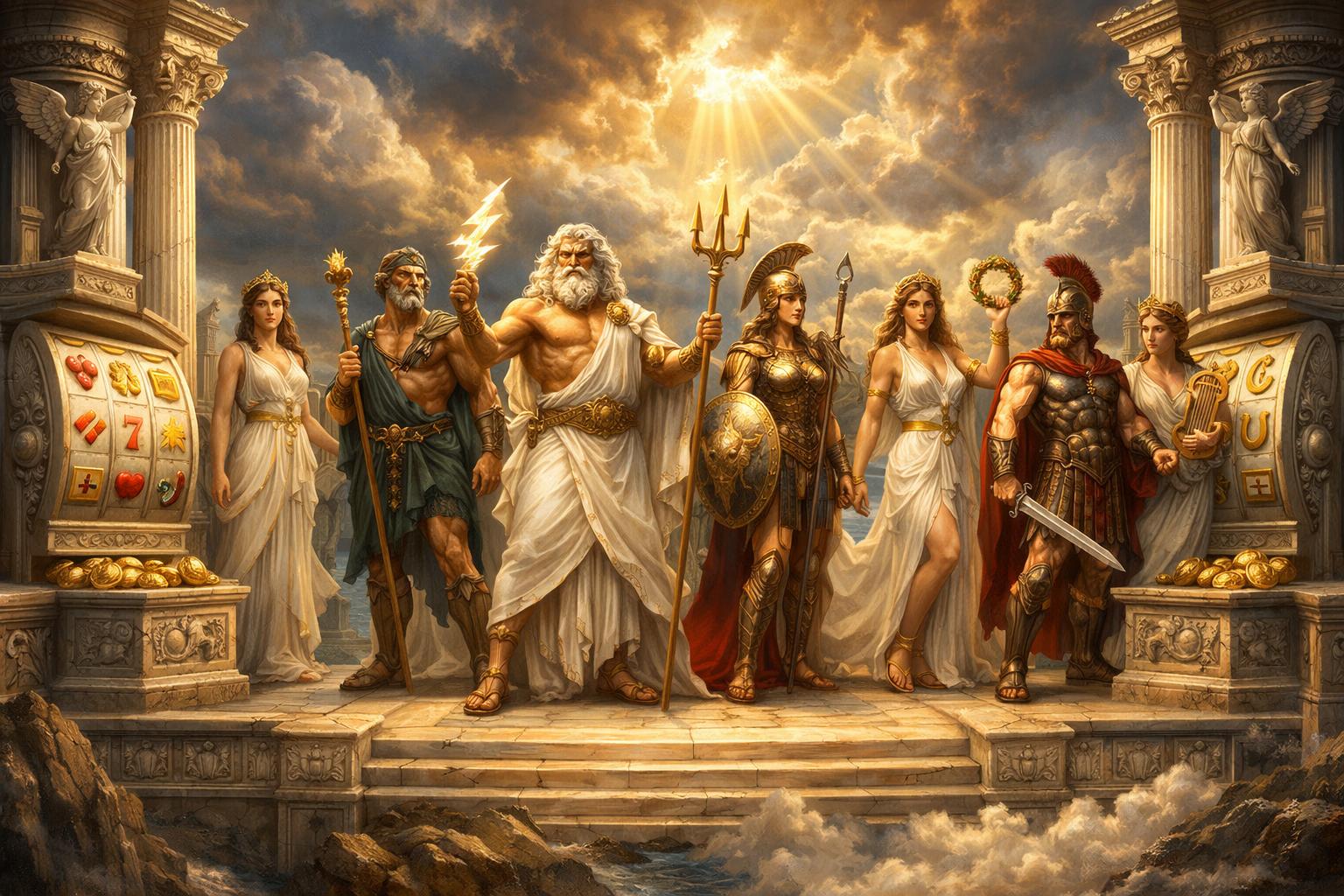 A Group Of Ancient Greek Gods And Goddesses Standing On A Marble Temple Platform With A Dramatic Sky And Classical Columns Surrounding Them.