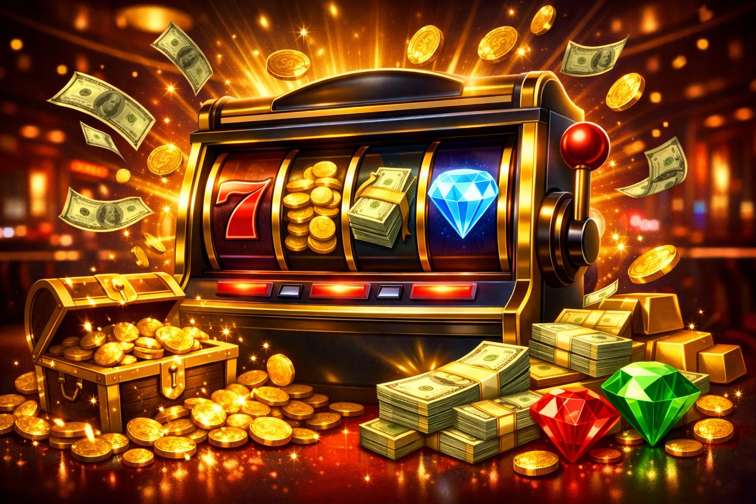 A Casino Slot Machine Surrounded By Gold Coins, Cash, And Shining Gems In A Luxurious Casino Setting.