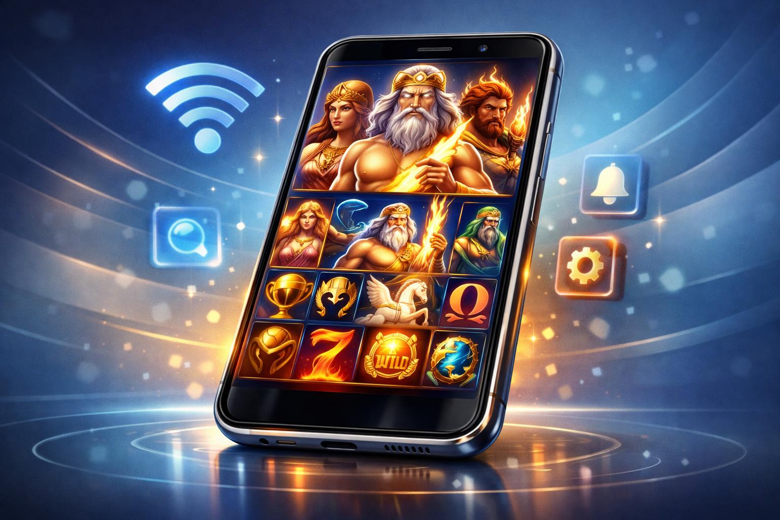 A Smartphone Displaying Colorful Slot Game Graphics Featuring Greek Gods And Ancient Symbols, Surrounded By Icons Representing Mobile Connectivity.