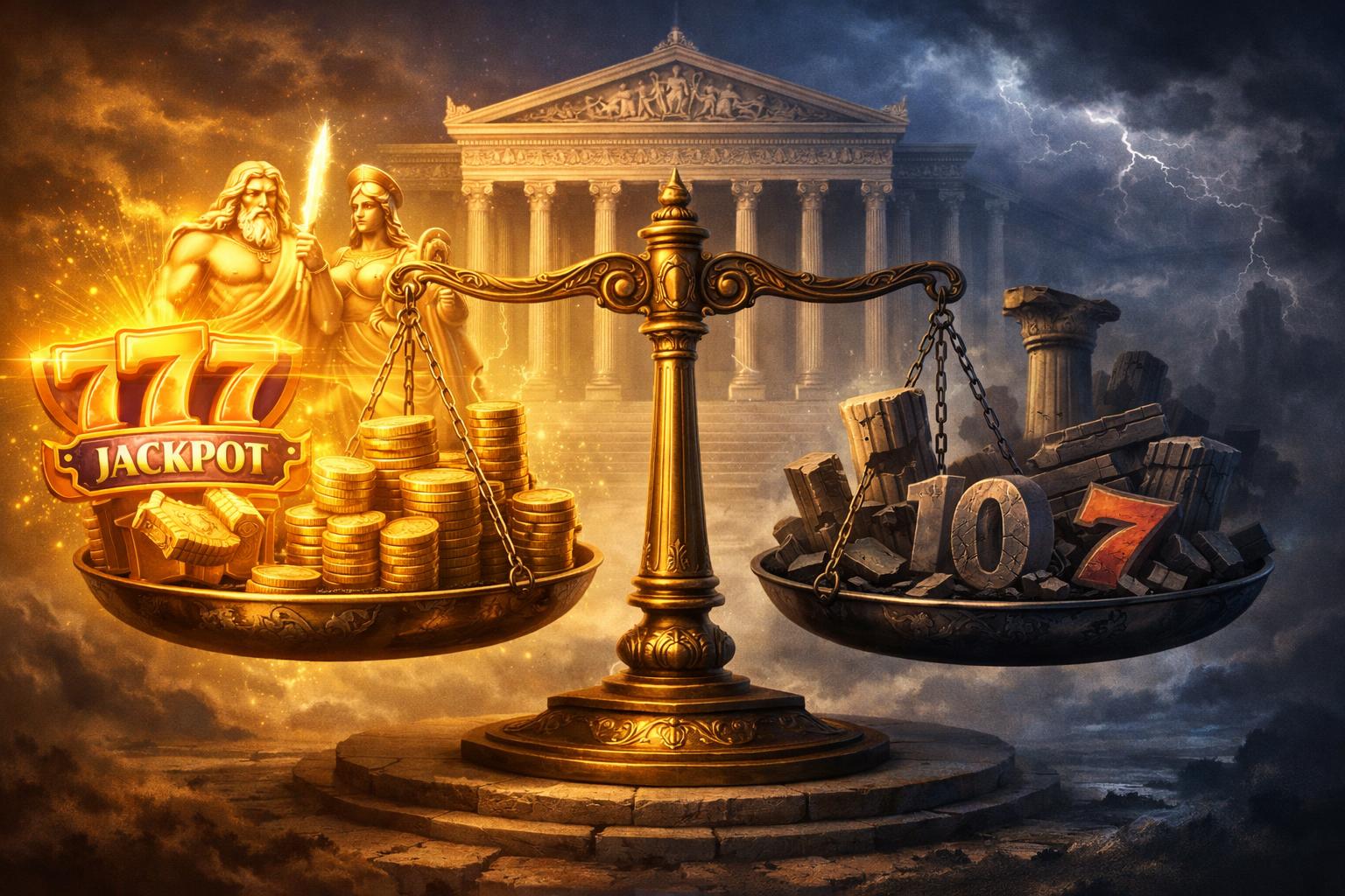 A Balanced Scene Showing Golden Greek God Statues And Coins On One Side, Broken Columns And Fading Symbols On The Other, With An Ancient Temple In The Background.