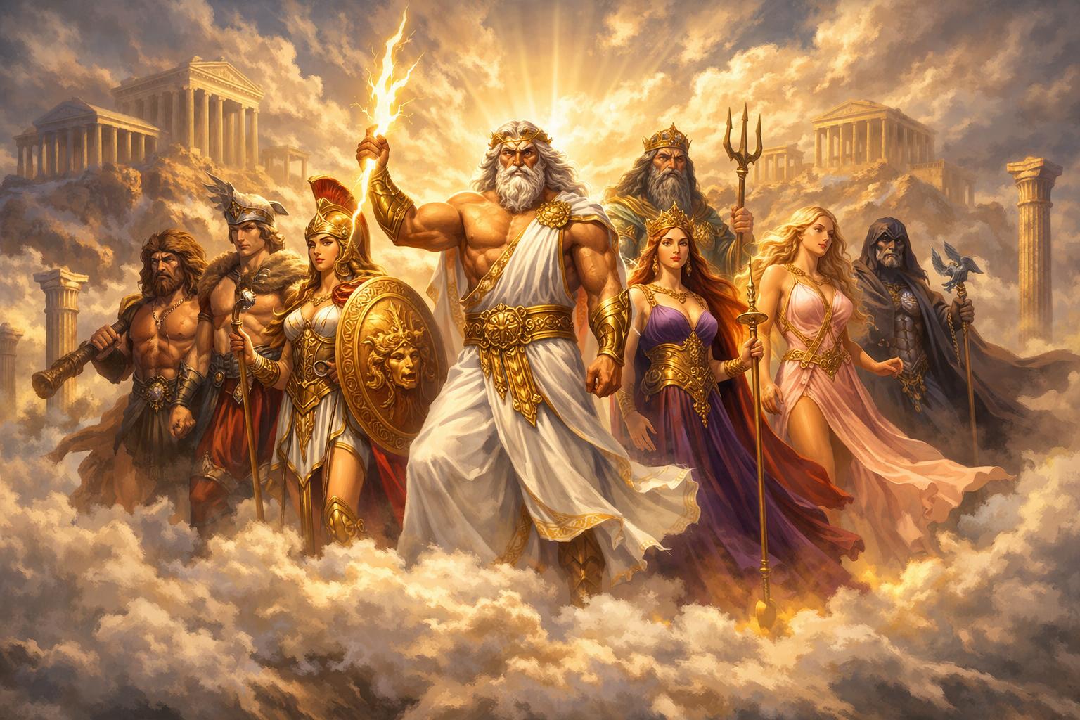 A Group Of Greek Gods And Goddesses Standing On A Mountaintop With Ancient Temples In The Background, Surrounded By Golden Light.