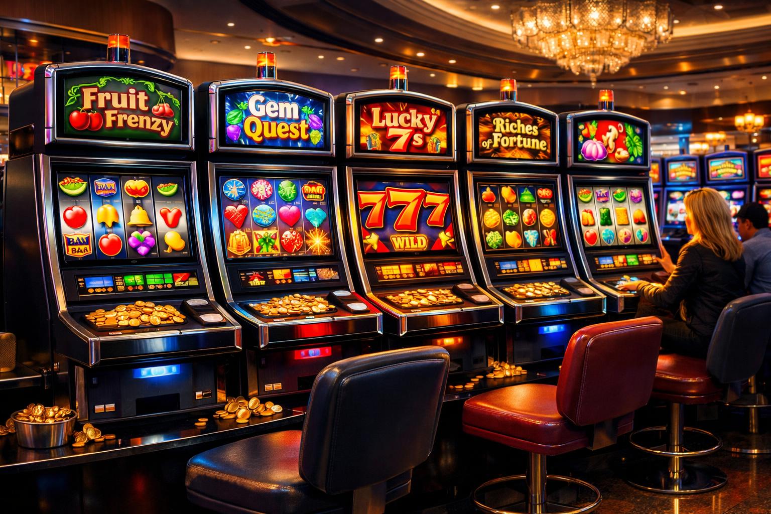 A Casino Table With Multiple Slot Machines Lined Up, Showing Colorful Symbols And Players Interacting With Them.