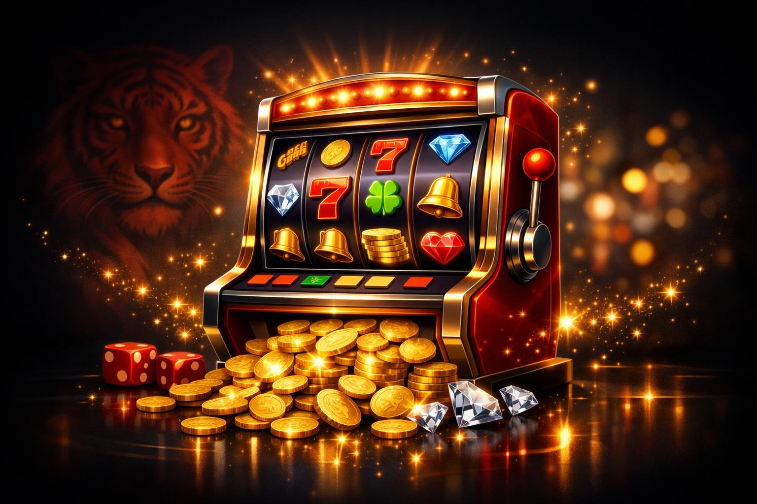 A Vibrant Slot Machine With Gold Coins And Lucky Symbols Surrounded By A Red Tiger Motif And Sparkling Lights.